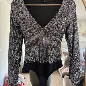 Lulu's Black and Silver Sequin Bodysuit